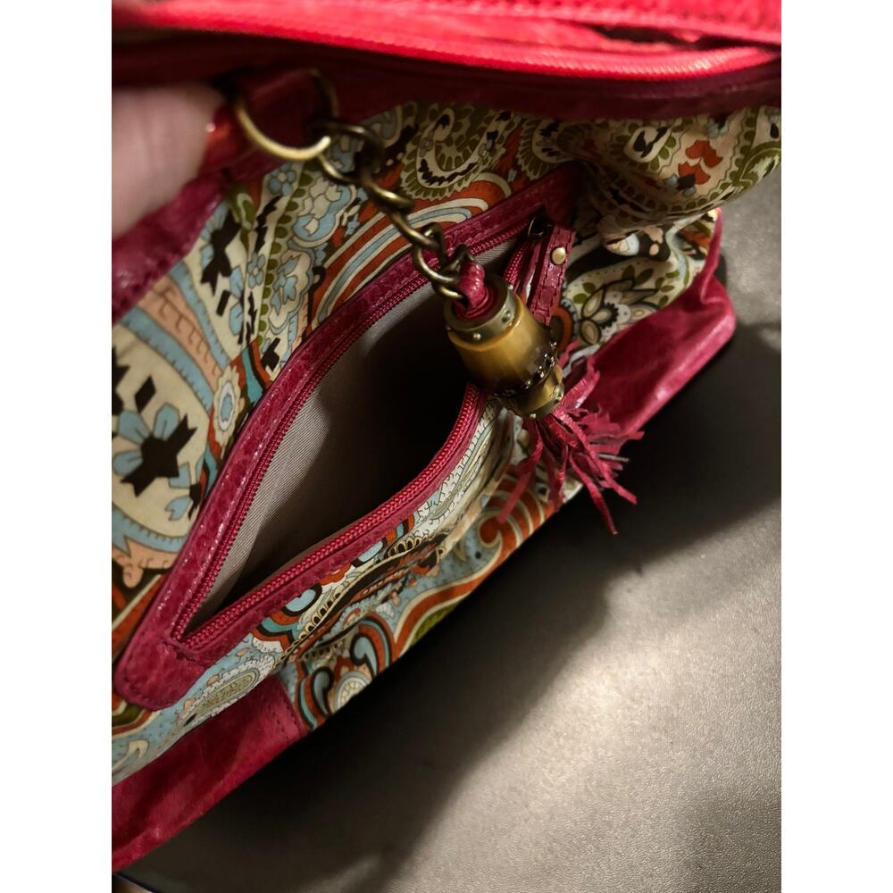 Boho Paisley Shoulder Bag Pink Faux Leather Trim Tassel Zip Purse Medium - Picture 7 of 10